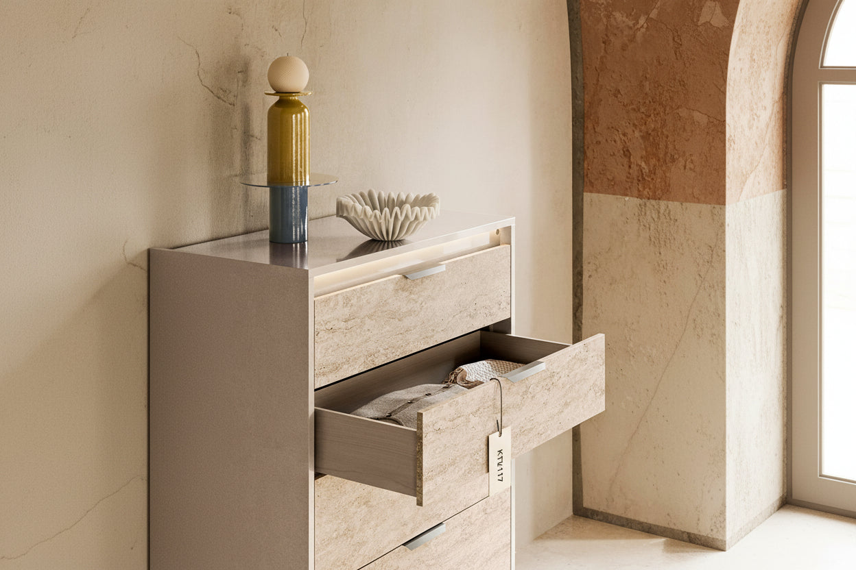 Tullis modern chest with an open drawer, decorative items on top, and a neutral color scheme.