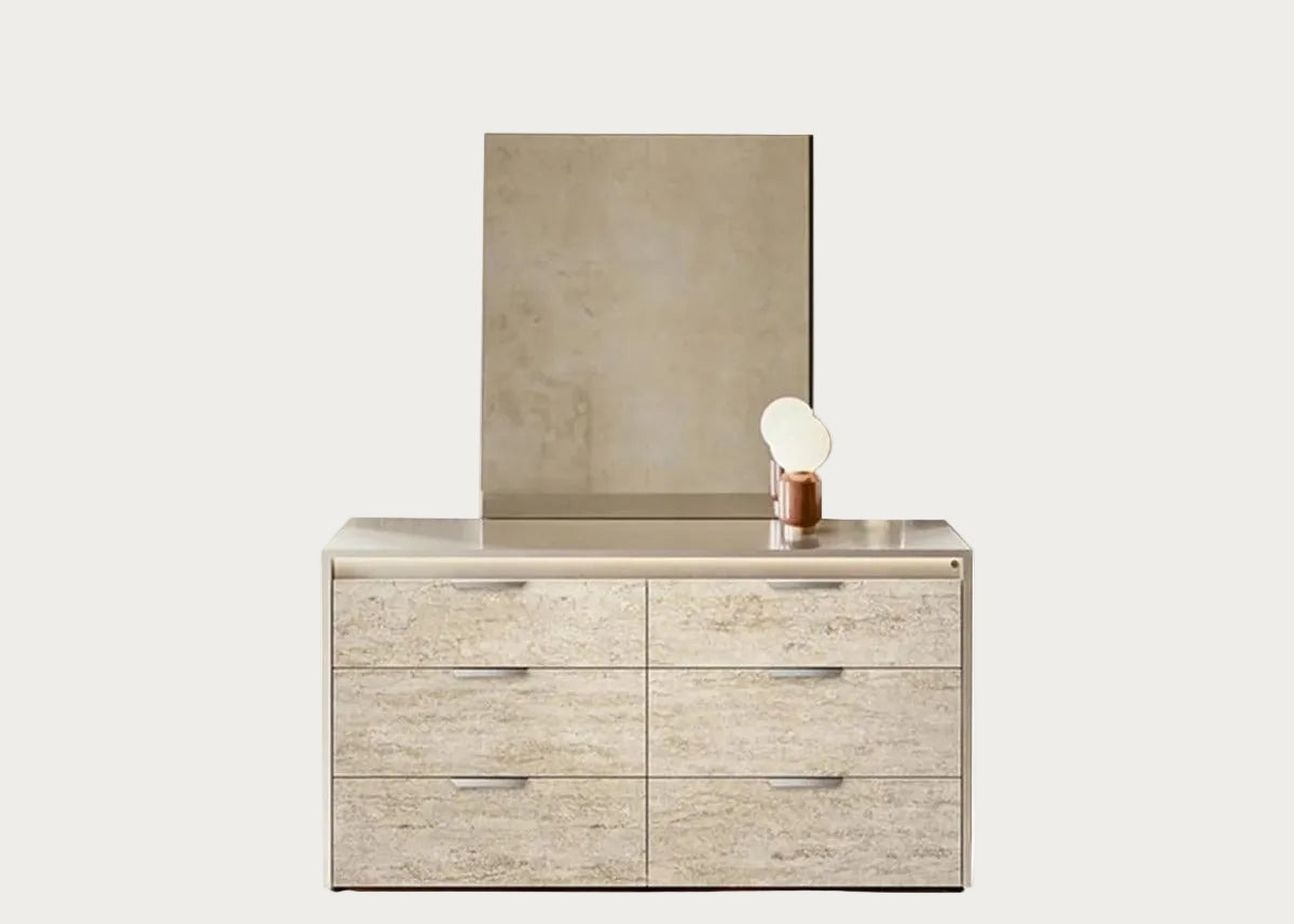 Tullia 6-Drawer Dresser – Travertine Eco-Stone & Champagne High Gloss