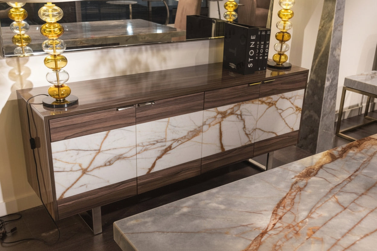 Vertigo marble-patterned sideboard with decorative lamps in a modern interior setting.
