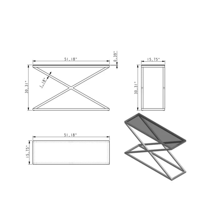 A detailed technical diagram illustrates the dimensions of a modern X-frame console table, highlighting its 51.18-inch length and 30.31-inch height from multiple perspectives.