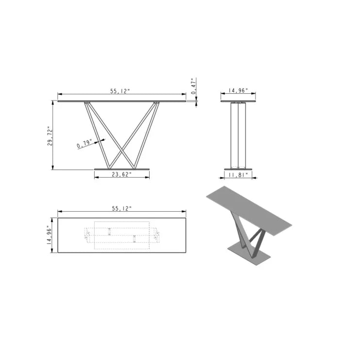 A technical diagram specifies dimensions for a modern 55-inch console table featuring architectural V-shaped metal legs.