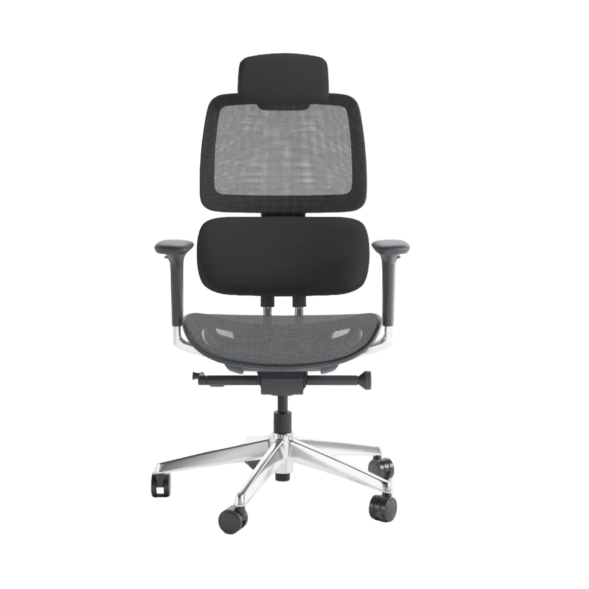 Black office chair with mesh backrest on a white background