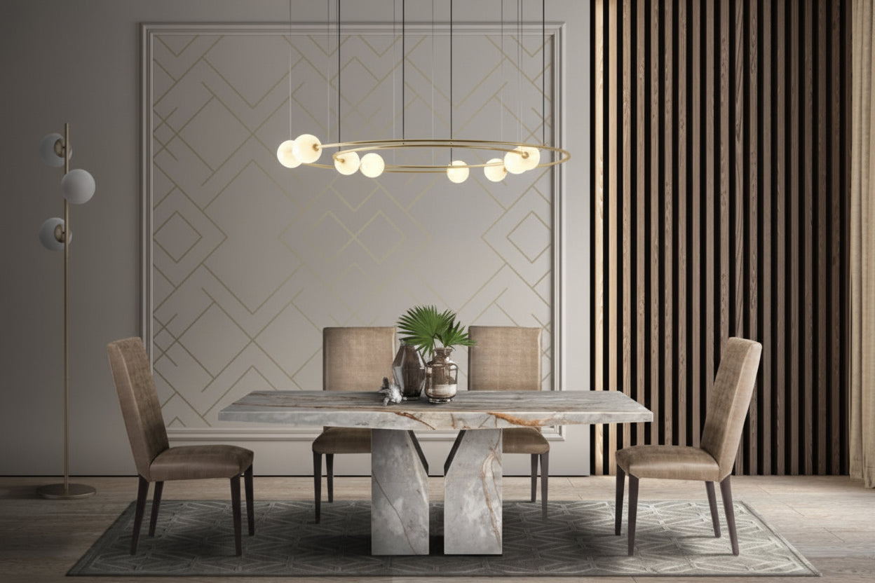 Zenith dining table with marble table and chairs under a modern chandelier.