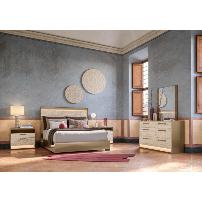 ALF Jo Bedroom Set with Headboard Lighting | Gold High Gloss & Travertino Eco-Stone main product photo