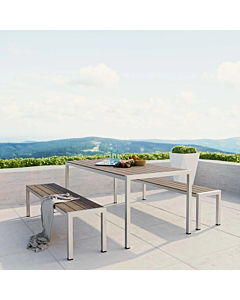 Modway Shore 3 Piece Outdoor Patio Aluminum Dining Set Silver Gray