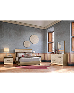 ALF Jo Bedroom Set with Headboard Lighting | Gold High Gloss & Travertino Eco-Stone 