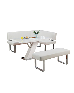 Chintaly Linden 3-Piece Contemporary Dining Set with White Gloss Table, Upholstered Bench & Nook