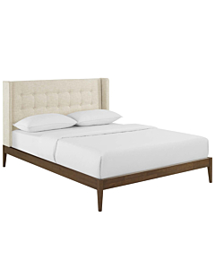 Modway Hadley Wingback Upholstered Polyester Fabric Platform Bed, Queen, Beige