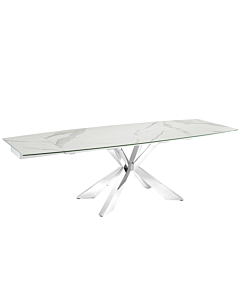 Casabianca Icon Dining Table in White Marbled Porcelain Top on Glass with Polished Stainless Steel Base