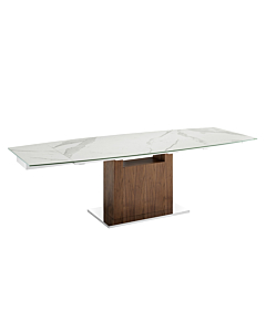 Casabianca Olivia Dining Table in White Marbled Porcelain Top on glass with walnut veneer base