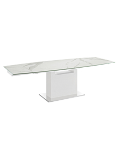 Casabianca Olivia Dining Table in White Marbled Porcelain Top on Glass with High Gloss White Lacquer Base