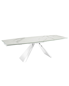 Casabianca Stanza Dining Table in White Marbled Porcelain Top on Glass with Polished Stainless Steel Base.