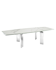 Casabianca Astor Dining Table in White Marbled Porcelain Top on Glass with High Gloss White Lacquer Base