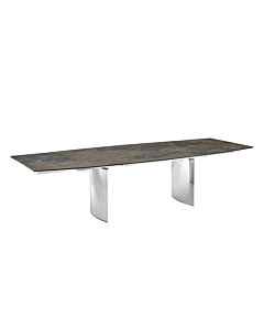 Casabianca Allegra Dining Table in Brown Marbled Porcelain Top on Glass with Polished Stainless Steel Base