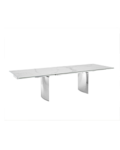 Casabianca Allegra Dining Table in White Marbled Porcelain Top on Glass with Polished Stainless Steel Base