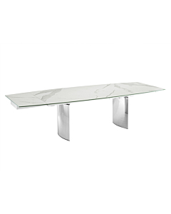 Casabianca Allegra Motorized Dining Table in White Marbled Porcelain Top on Glass with Polished Stainless Steel Base