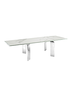 Casabianca Astor Xl Motorized Dining Table in White Marbled Porcelain Top on Glass with Polished Stainless Steel Base