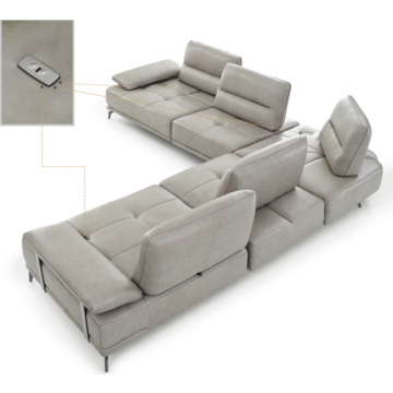 Eleganto 5 pc Sectional with Power Motion Backrests, Stone Gray Leather, Open Box