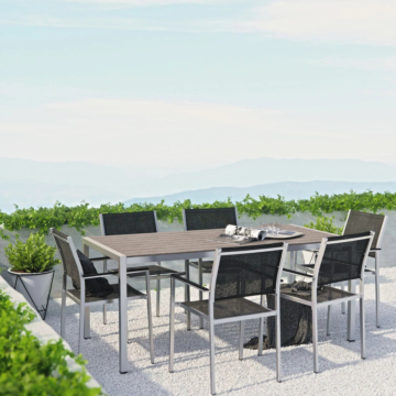 Modway Shore 7 Piece Outdoor Patio Aluminum Dining Set Silver Black Color