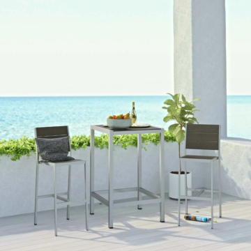 Modway Shore 3 Piece Outdoor Patio Aluminum Pub Set Silver Gray