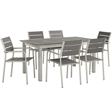 Modway Shore 7 Piece Outdoor Patio Aluminum Dining Set Silver Gray color