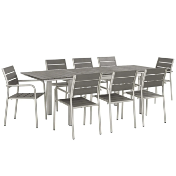 Modway Shore 9 Piece Outdoor Patio Aluminum Dining Set Silver Gray