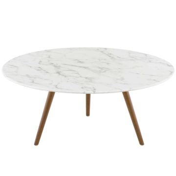 Modway Lippa 36" Round Artificial Marble Coffee Table with Tripod Base-Walnut White