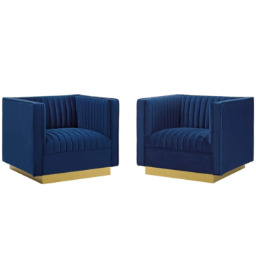 Modway Sanguine Vertical Channel Tufted Upholstered Performance Velvet Armchair Set of 2-Navy