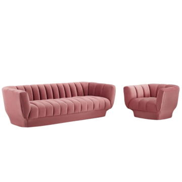 Modway Entertain Vertical Channel Tufted Performance Velvet Sofa and Armchair Set-Dusty Rose