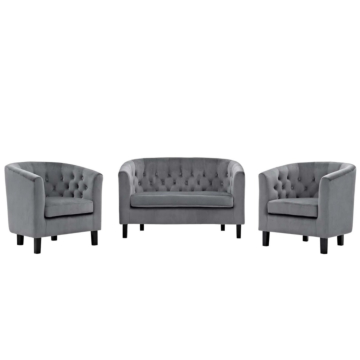 Modway Prospect 3 Piece Performance Velvet Loveseat and Armchair Set-Gray