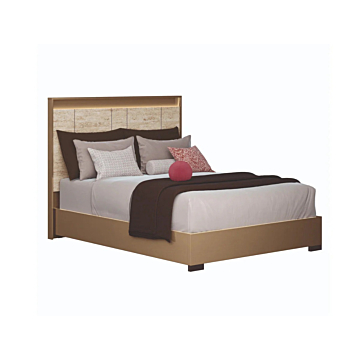 ALF Jo Queen Bed with Headboard Lighting – Gold High Gloss & Travertino Eco-Stone Finish
