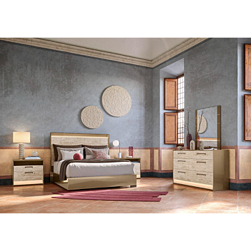 ALF Jo Bedroom Set with Headboard Lighting | Gold High Gloss & Travertino Eco-Stone 