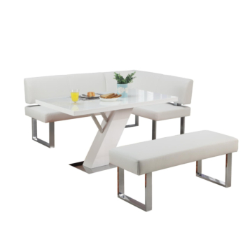 Chintaly Linden 3-Piece Contemporary Dining Set with White Gloss Table, Upholstered Bench & Nook