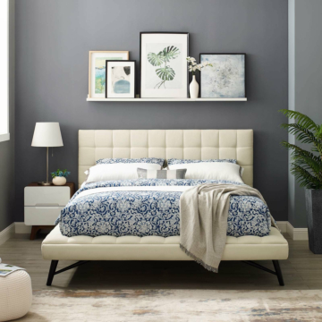 Modway Julia Biscuit Tufted Upholstered Fabric Platform Bed, Queen, Ivory