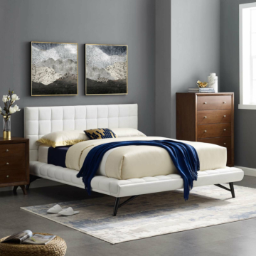 Modway Julia Biscuit Tufted Performance Velvet Platform Bed, Queen, White