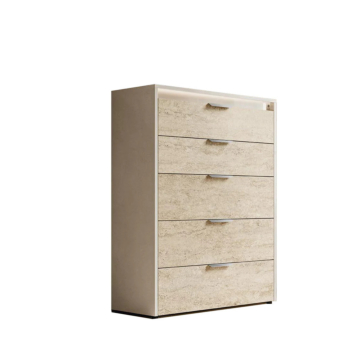 ALF Tullia 5-Drawer Chest – Travertine Eco-Stone & Champagne High Gloss Finish