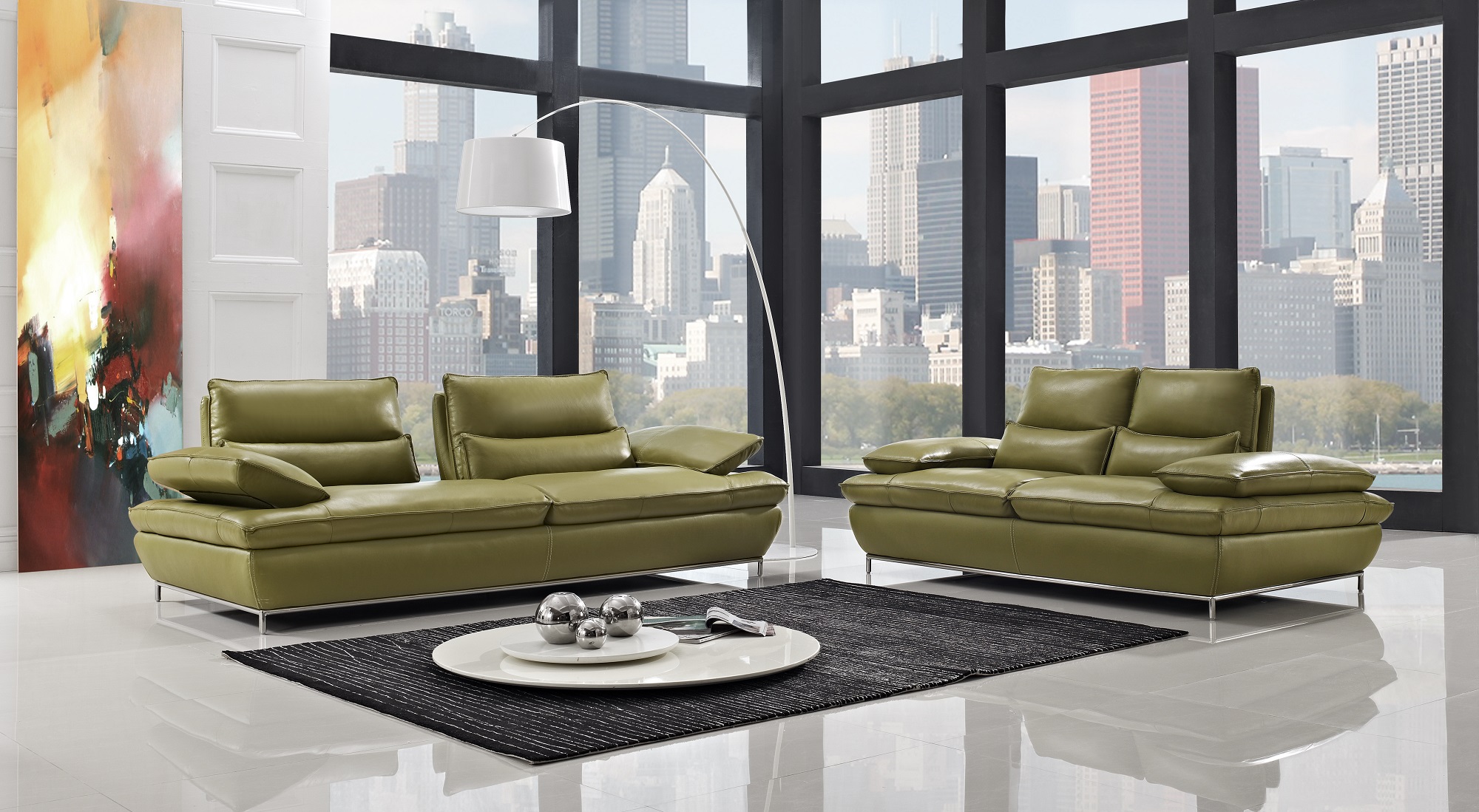 NAOMI Green Leather Sofa Sets Steel Legs Loveseats Sets line